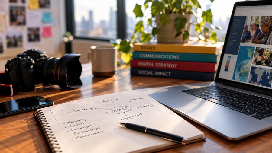Notebook mapping out strategy, storytelling, and communications planning next to a laptop