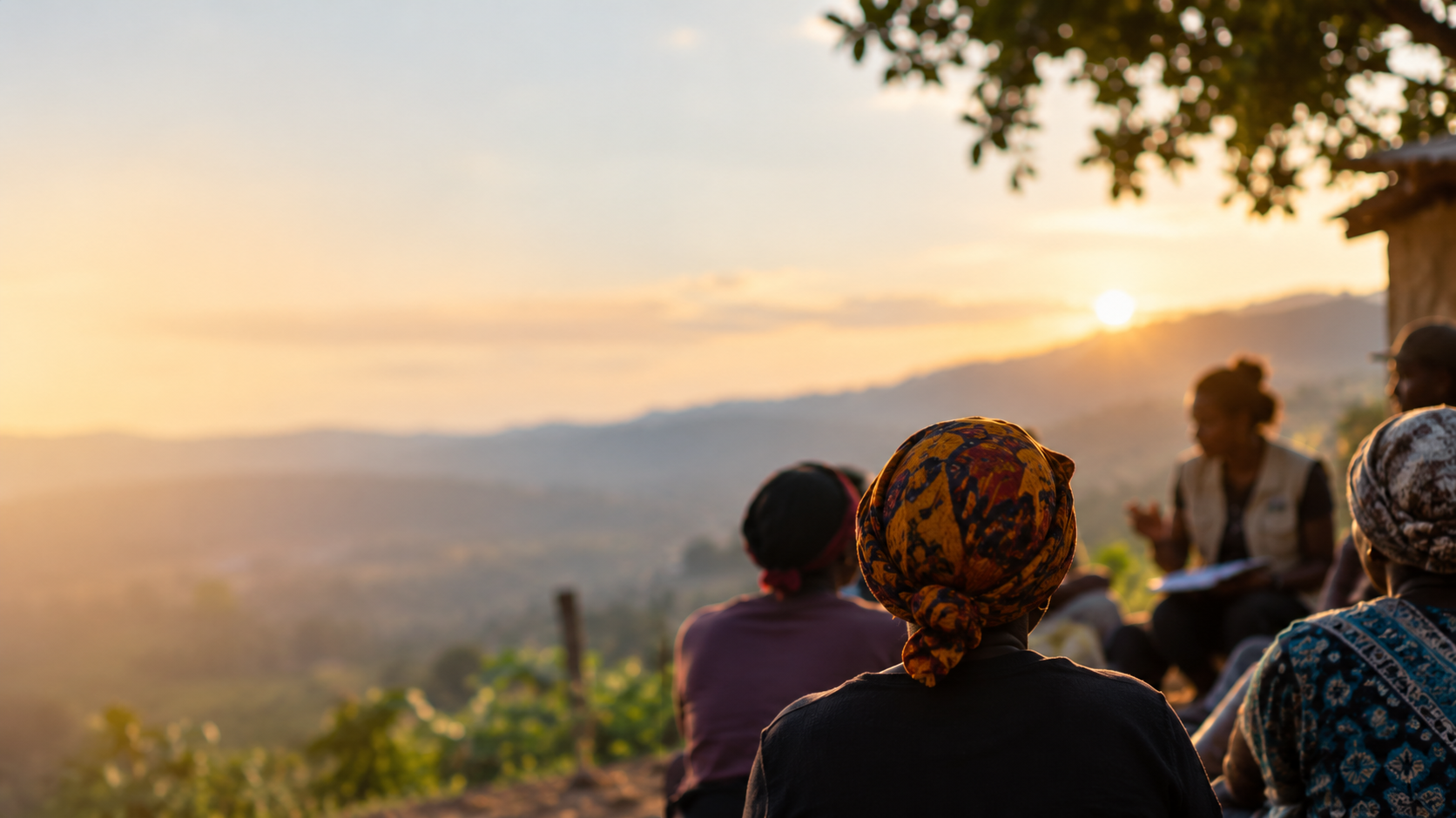 Community members gathered outdoors at sunset during a field visit
